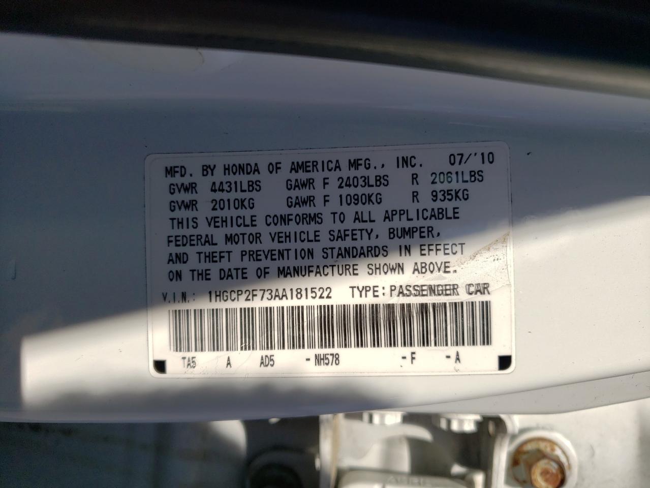 Photo 10 from auction – 2010 HONDA ACCORD EX with VIN 1HGCP2F73AA181522