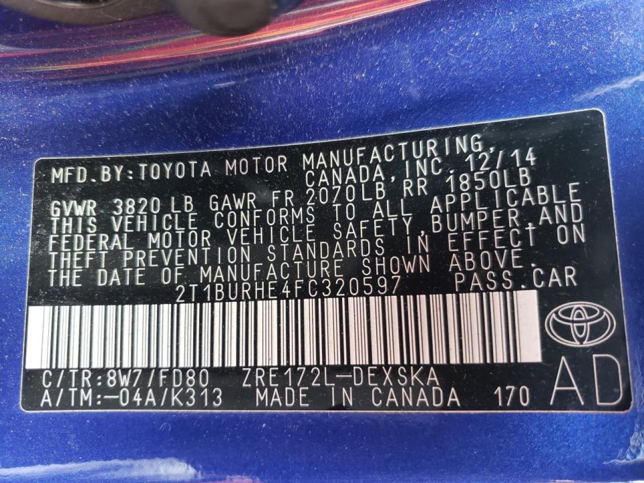 Photo 10 from auction – 2015 TOYOTA COROLLA L with VIN 2T1BURHE4FC320597