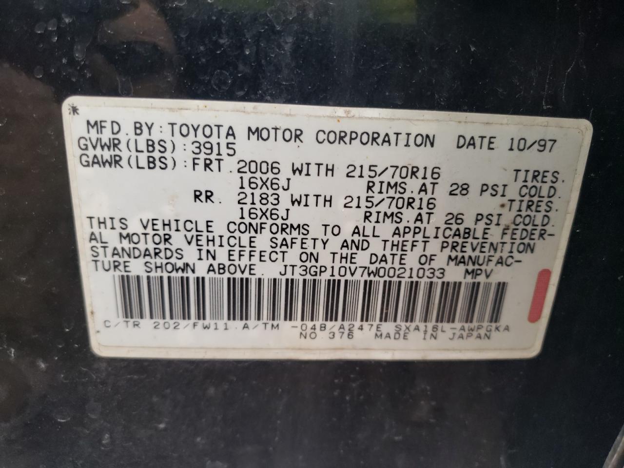 Photo 10 from auction – 1998 TOYOTA RAV4 with VIN JT3GP10V7W0021033