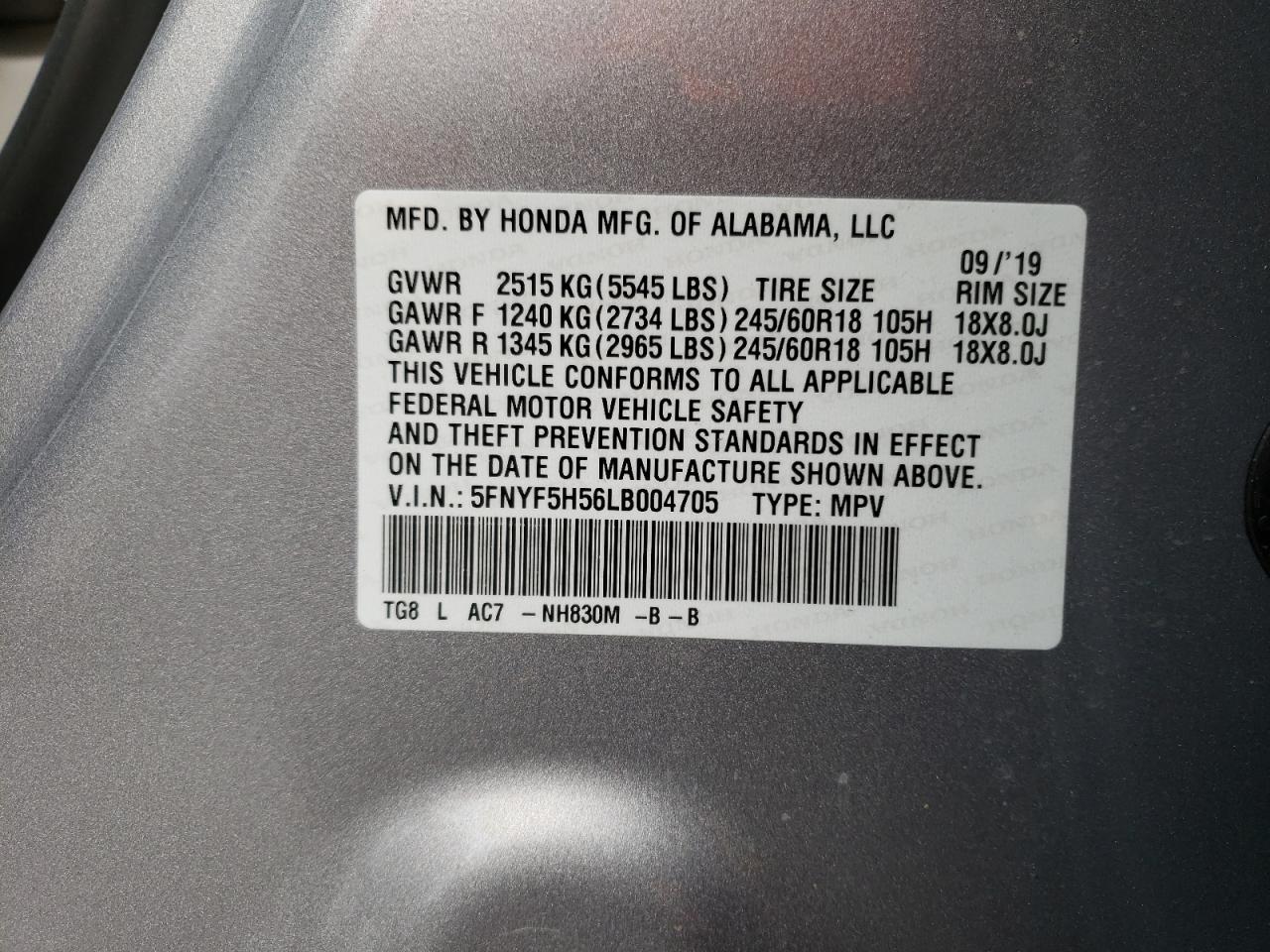 Photo 10 from auction – 2020 HONDA PILOT EXL with VIN 5FNYF5H56LB004705