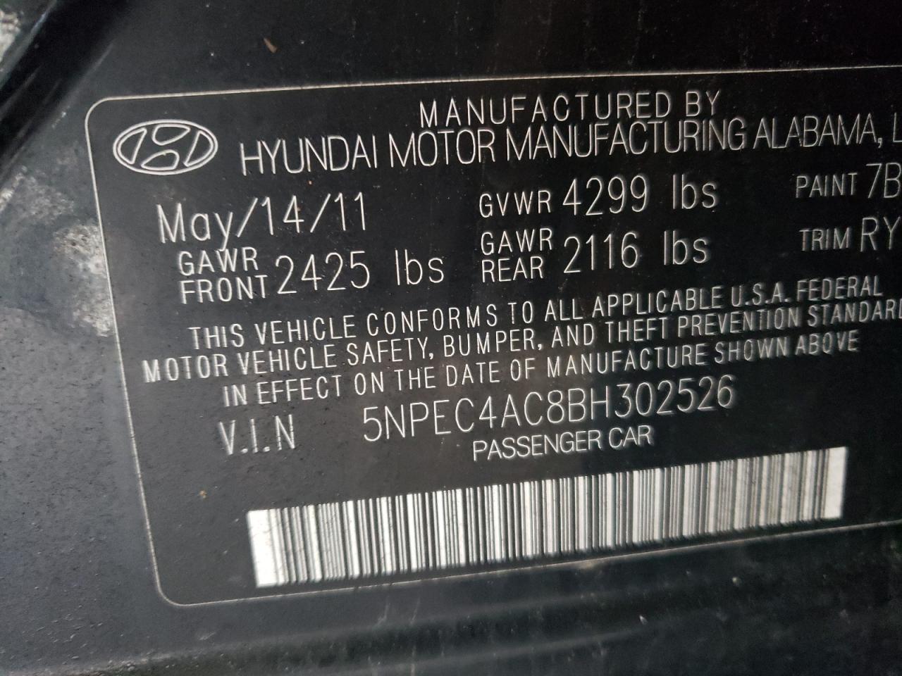 Photo 10 from auction – 2011 HYUNDAI SONATA SE with VIN 5NPEC4AC8BH302526
