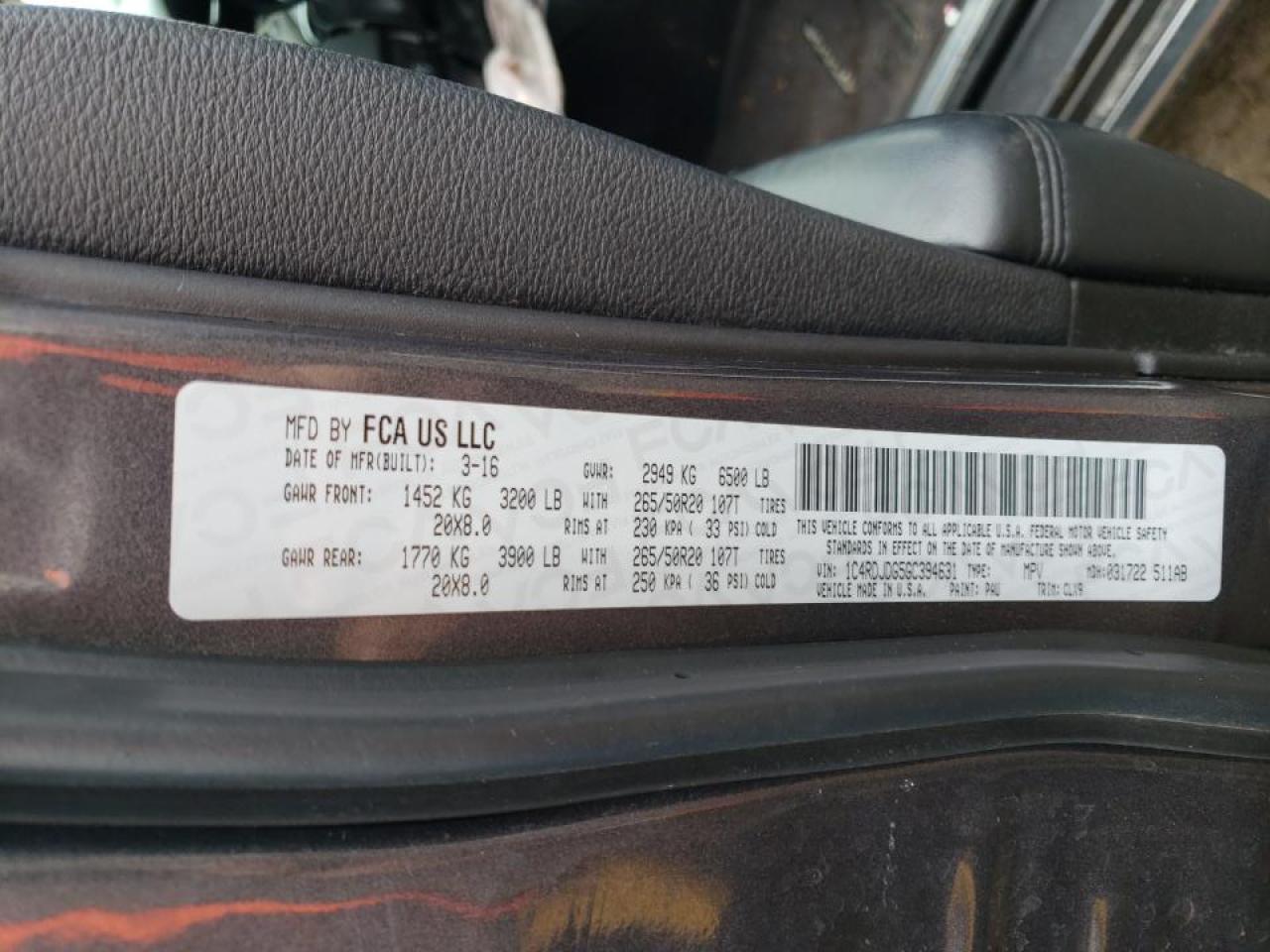 Photo 10 from auction – 2016 DODGE DURANGO LI with VIN 1C4RDJDG5GC394631