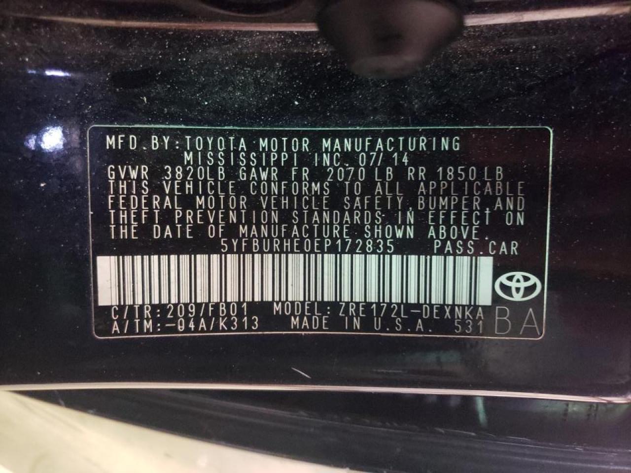 Photo 10 from auction – 2014 TOYOTA COROLLA L with VIN 5YFBURHE0EP172835