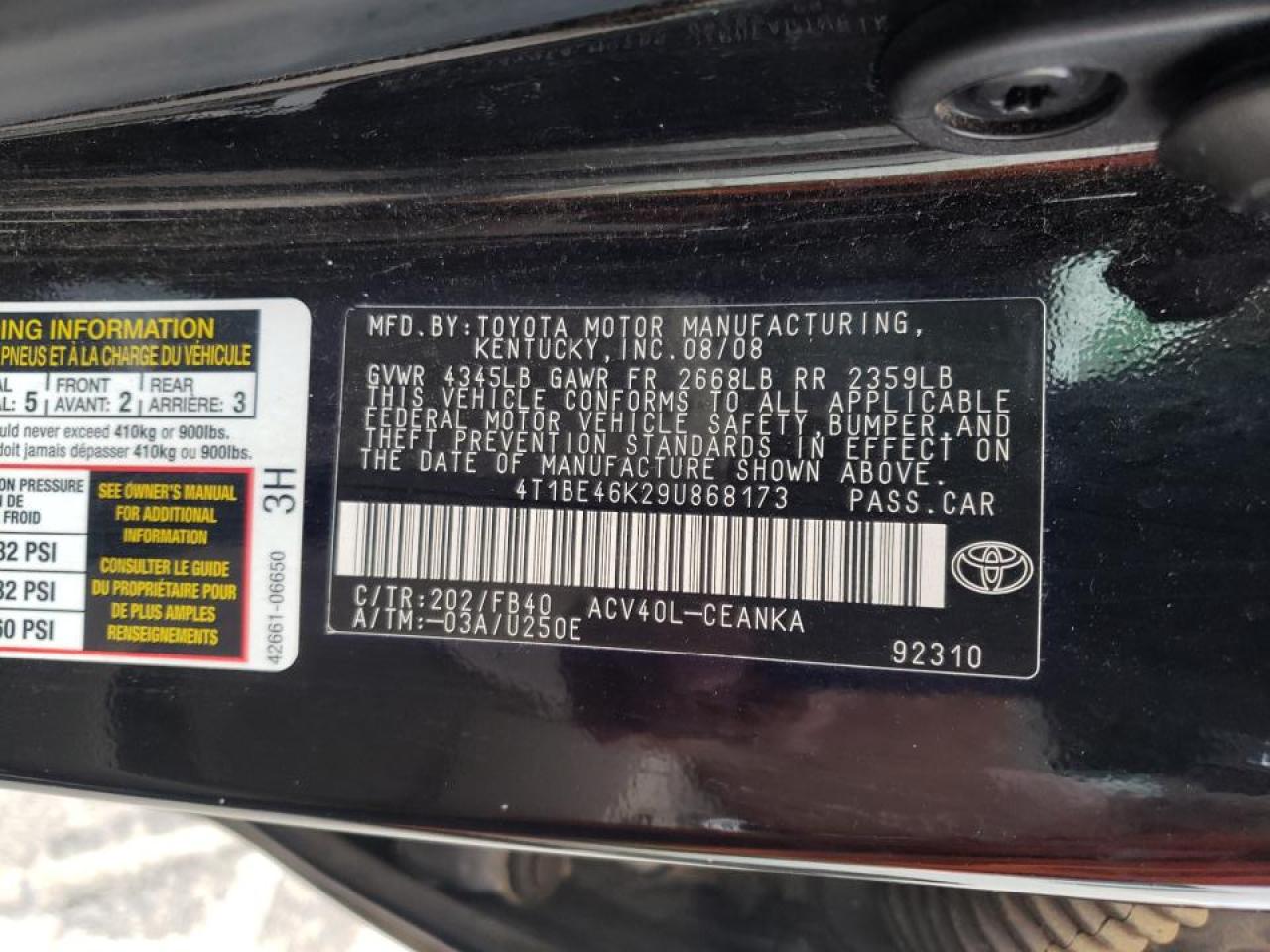 Photo 10 from auction – 2009 TOYOTA CAMRY BASE with VIN 4T1BE46K29U868173