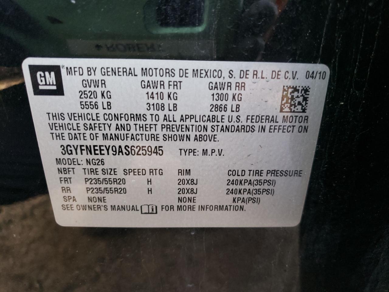 Photo 10 from auction – 2010 CADILLAC SRX with VIN 3GYFNEEY9AS625945