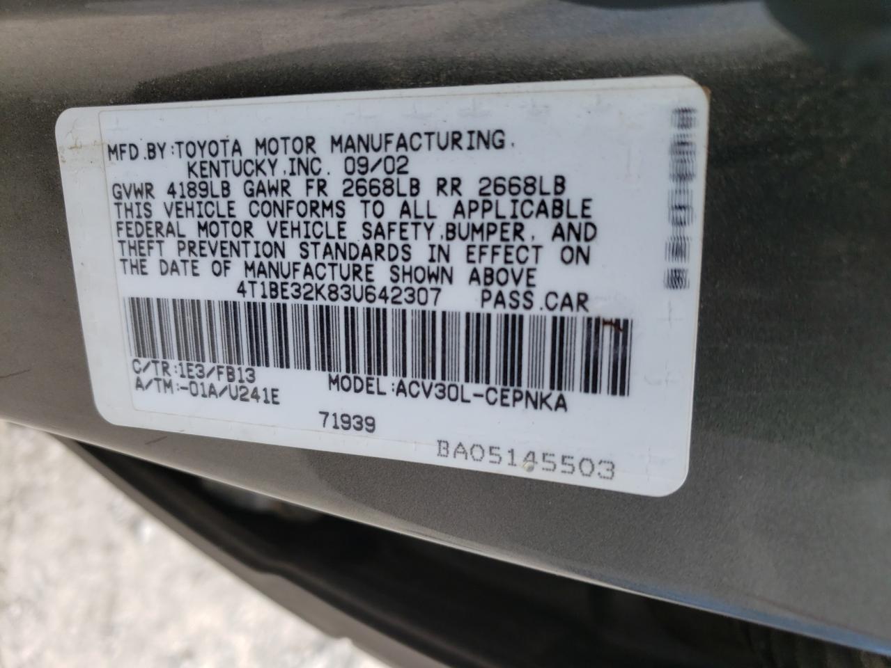 Photo 10 from auction – 2003 TOYOTA CAMRY LE with VIN 4T1BE32K83U642307