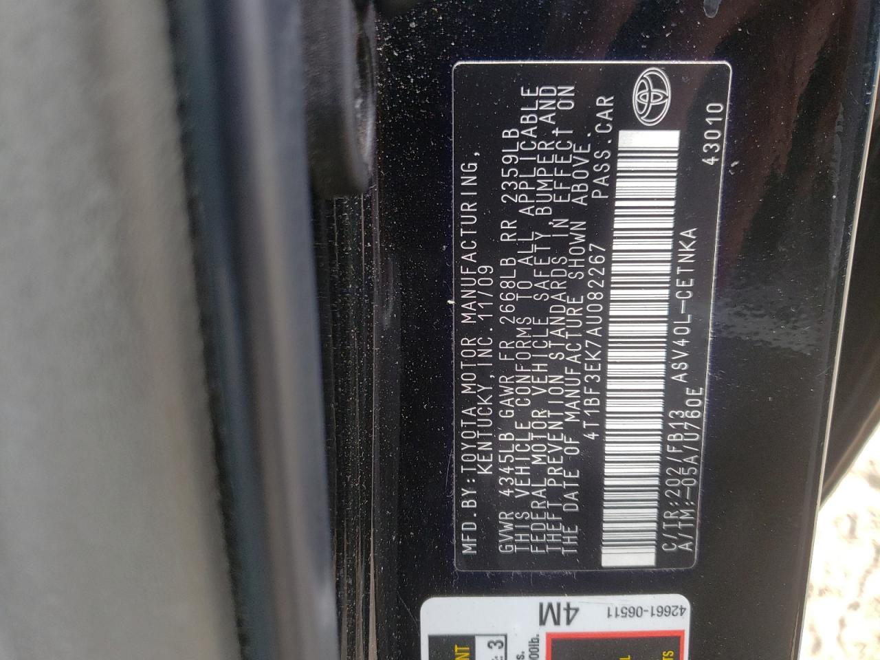 Photo 10 from auction – 2010 TOYOTA CAMRY BASE with VIN 4T1BF3EK7AU082267