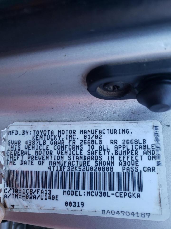 Photo 10 from auction – 2002 TOYOTA CAMRY LE with VIN 4T1BF32K52U020808