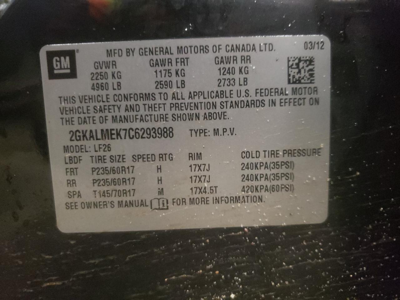 Photo 10 from auction – 2012 GMC TERRAIN SL with VIN 2GKALMEK7C6293988