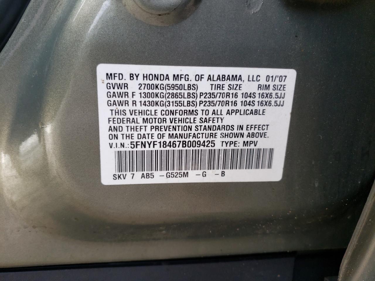 Фото 10 с аукциона – 2007 HONDA PILOT EX с VIN 5FNYF18467B009425