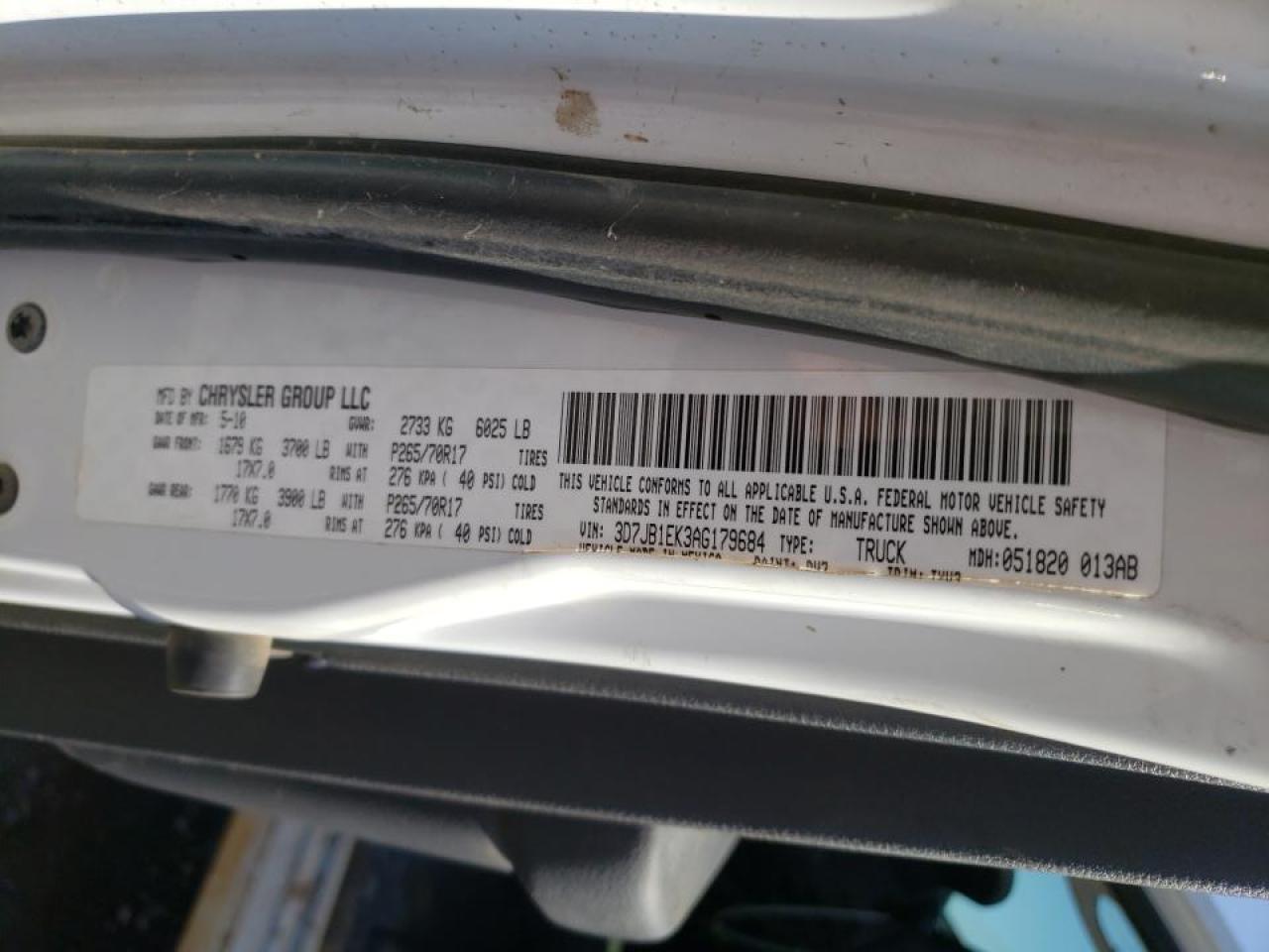 Photo 10 from auction – 2010 DODGE RAM 1500 with VIN 3D7JB1EK3AG179684