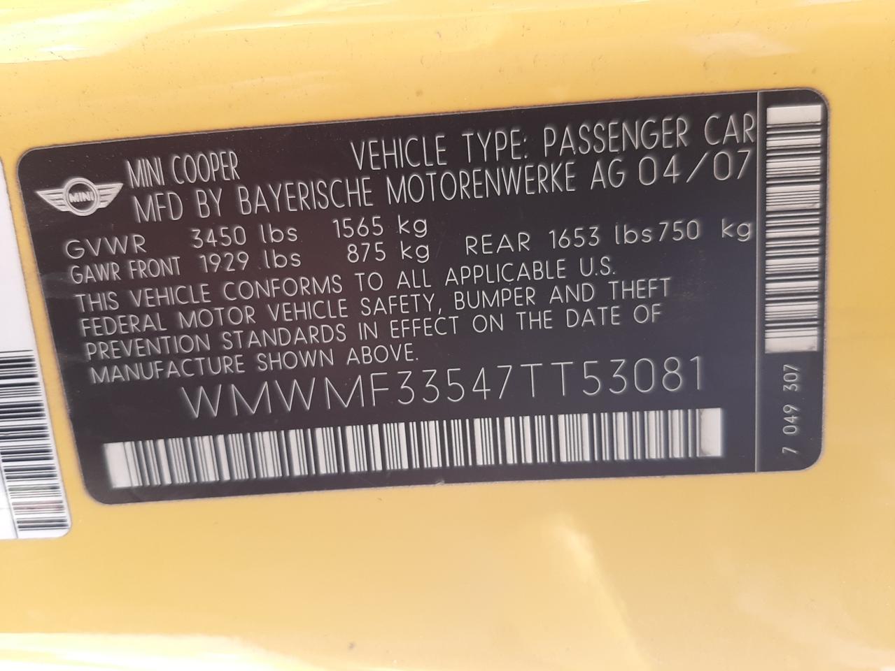 Photo 10 from auction – 2007 MINI COOPER with VIN WMWMF33547TT53081