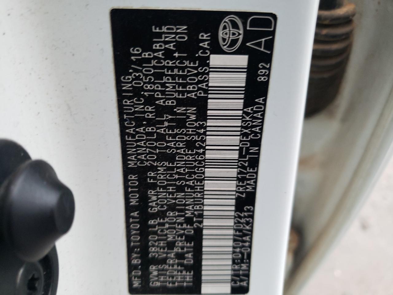 Photo 10 from auction – 2016 TOYOTA COROLLA L with VIN 2T1BURHE0GC642543