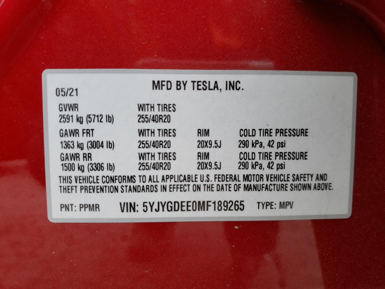 Photo 10 from auction – 2021 TESLA MODEL Y with VIN 5YJYGDEE0MF189265
