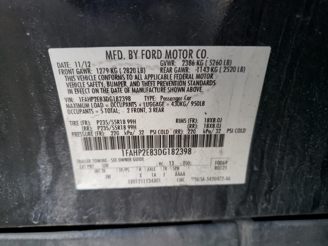 Photo 10 from auction – 2013 FORD TAURUS SEL with VIN 1FAHP2E83DG182398