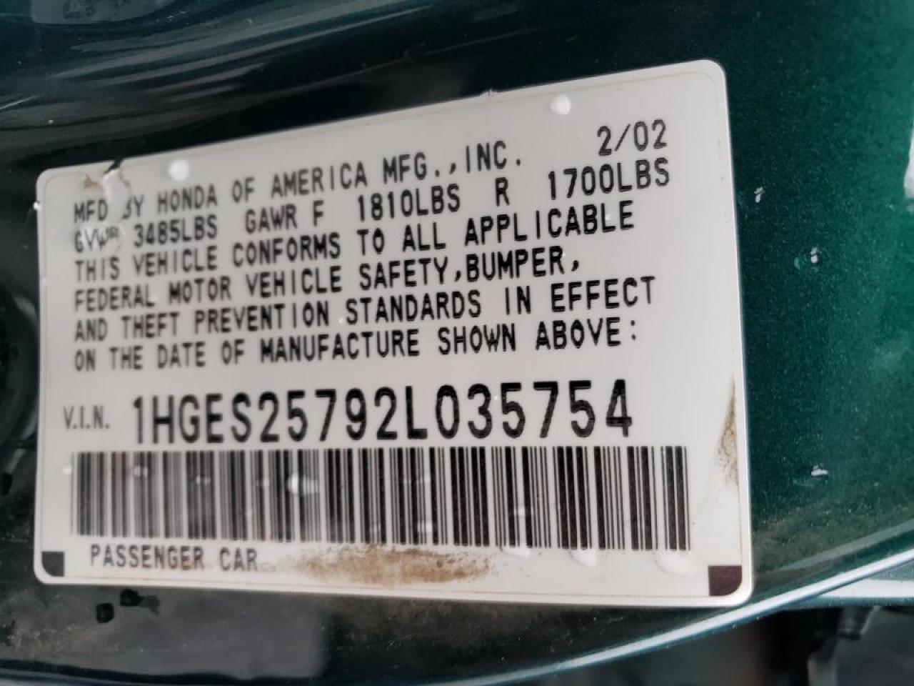 Photo 10 from auction – 2002 HONDA CIVIC with VIN 1HGES25792L035754