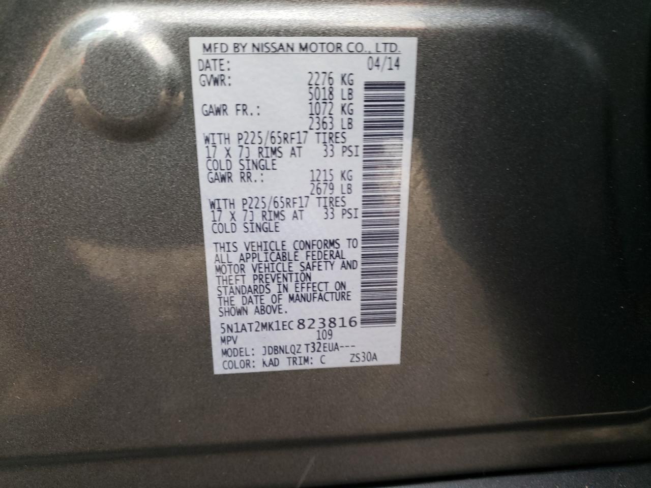 Photo 10 from auction – 2014 NISSAN ROGUE S with VIN 5N1AT2MK1EC823816