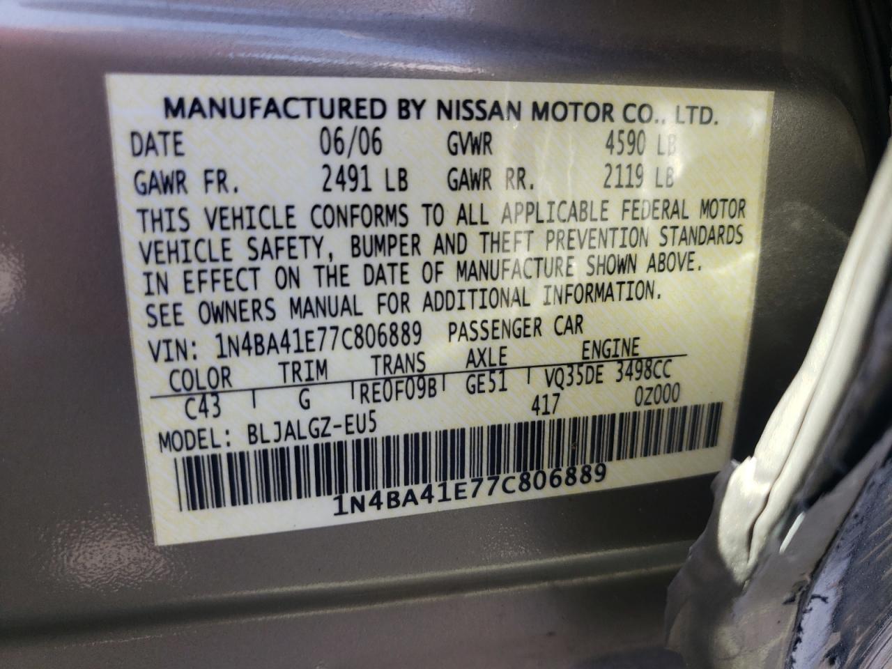 Photo 10 from auction – 2007 NISSAN MAXIMA SE with VIN 1N4BA41E77C806889
