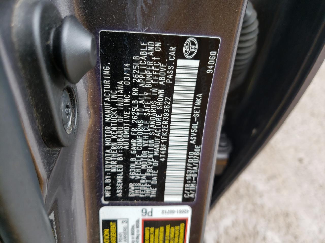 Photo 10 from auction – 2014 TOYOTA CAMRY L with VIN 4T4BF1FK2ER393622