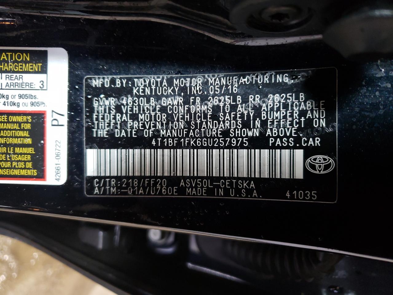 Photo 10 from auction – 2016 TOYOTA CAMRY LE with VIN 4T1BF1FK6GU257975