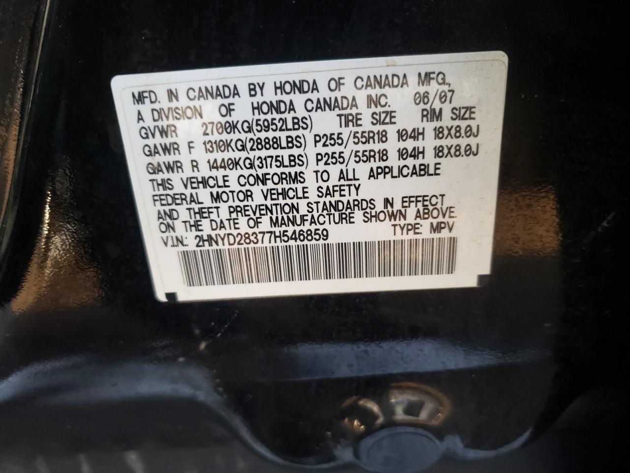 Photo 10 from auction – 2007 ACURA MDX TECHNO with VIN 2HNYD28377H546859
