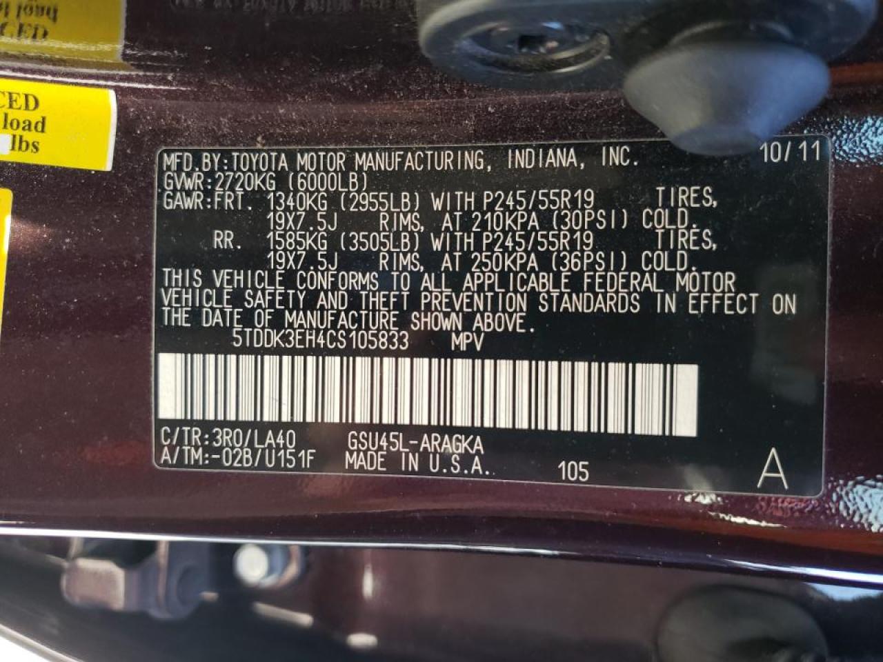 Photo 10 from auction – 2012 TOYOTA HIGHLANDER with VIN 5TDDK3EH4CS105833