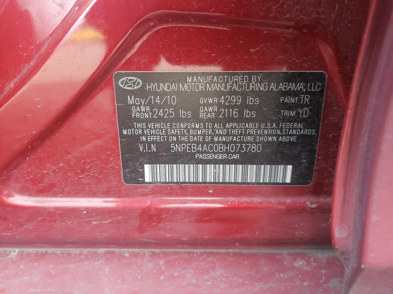 Photo 10 from auction – 2011 HYUNDAI SONATA GLS with VIN 5NPEB4AC0BH073780