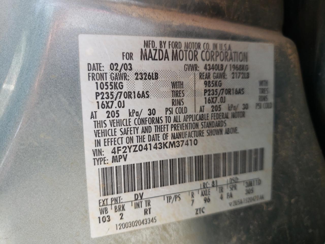 Photo 10 from auction – 2003 MAZDA TRIBUTE LX with VIN 4F2YZ04143KM37410
