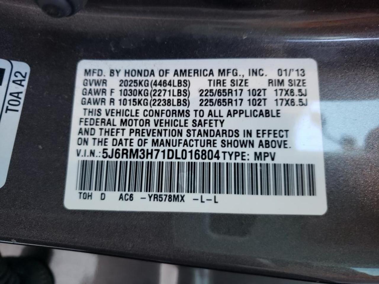 Photo 10 from auction – 2013 HONDA CR-V EXL with VIN 5J6RM3H71DL016804