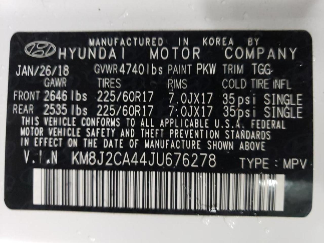 Photo 10 from auction – 2018 HYUNDAI TUCSON SE with VIN KM8J2CA44JU676278