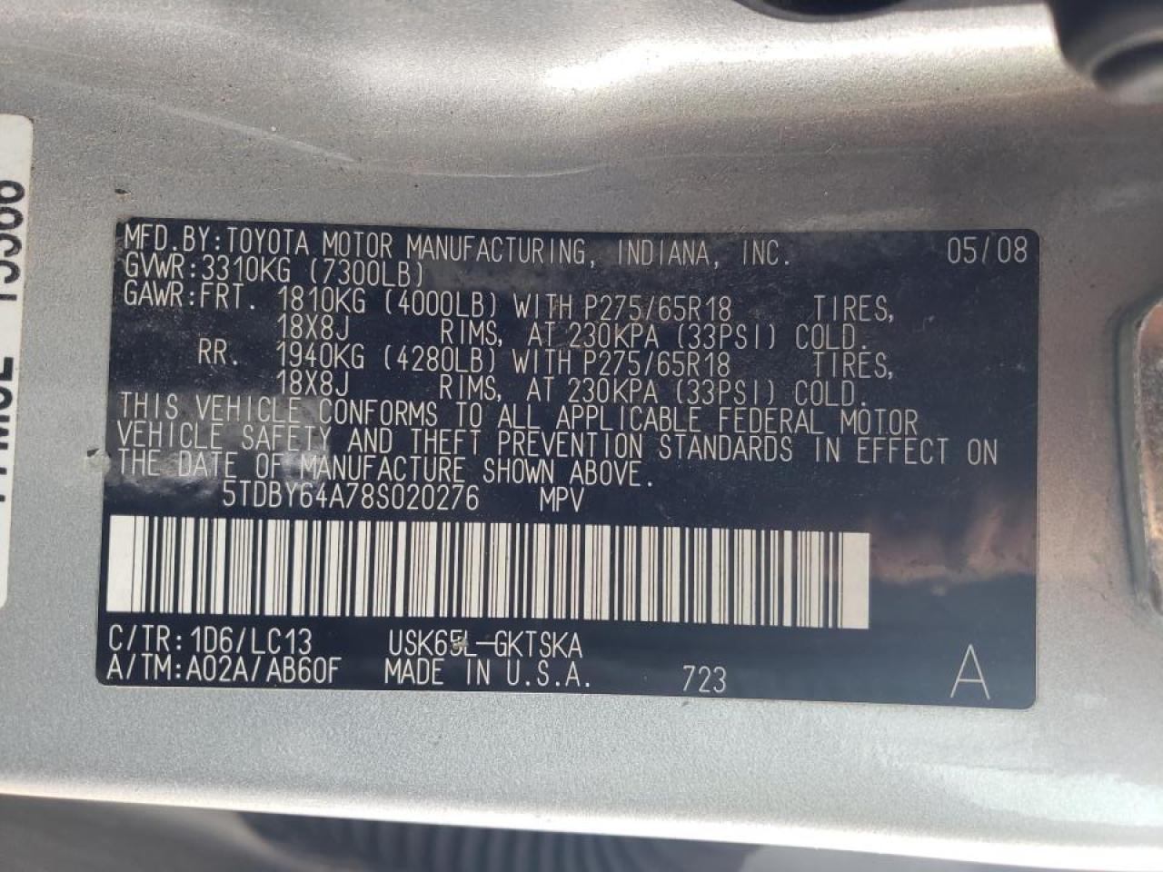Photo 10 from auction – 2008 TOYOTA SEQUOIA SR with VIN 5TDBY64A78S020276