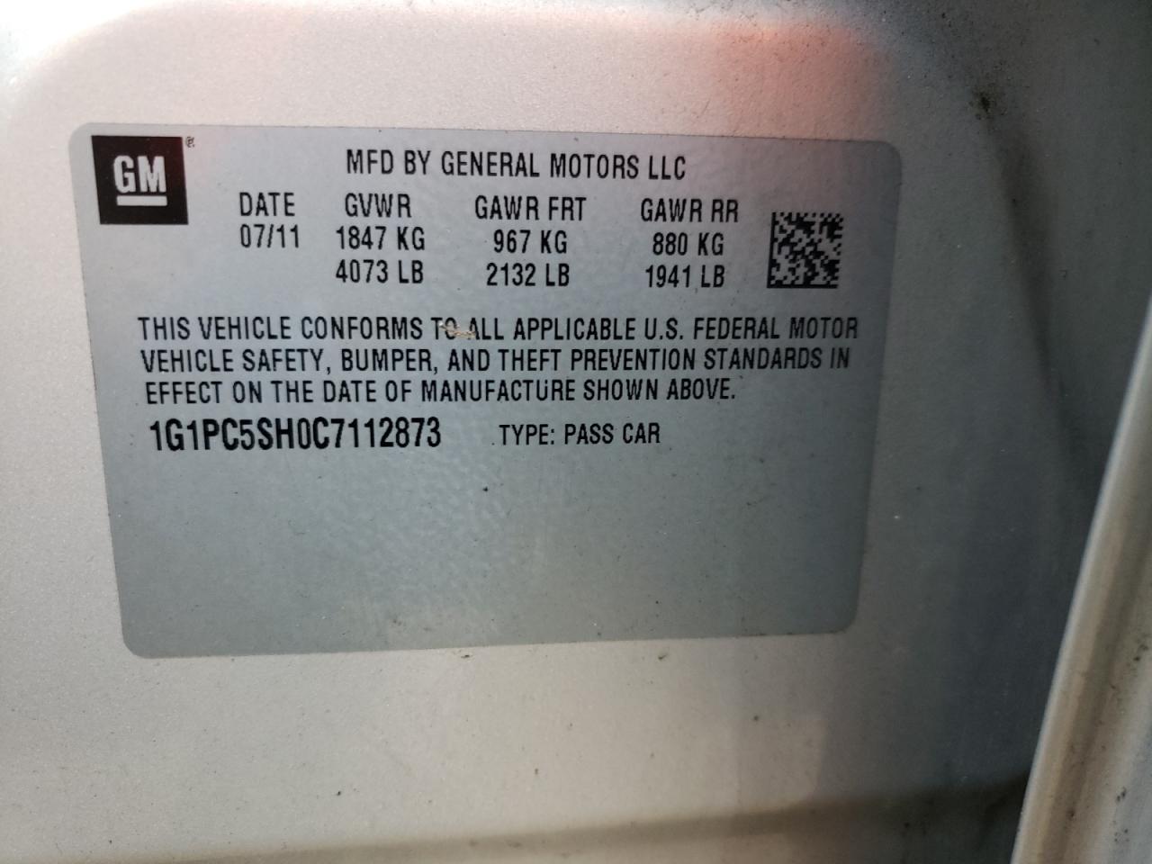 Photo 10 from auction – 2012 CHEVROLET CRUZE LS with VIN 1G1PC5SH0C7112873