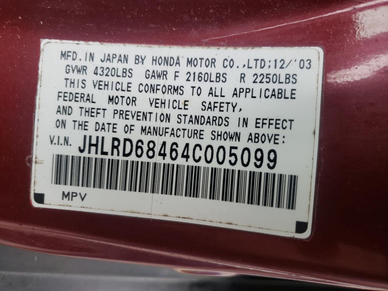 Photo 10 from auction – 2004 HONDA CR-V LX with VIN JHLRD68464C005099