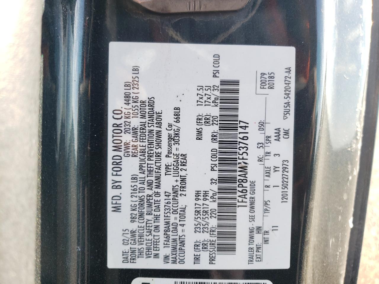 Photo 10 from auction – 2015 FORD MUSTANG with VIN 1FA6P8AM1F5376147