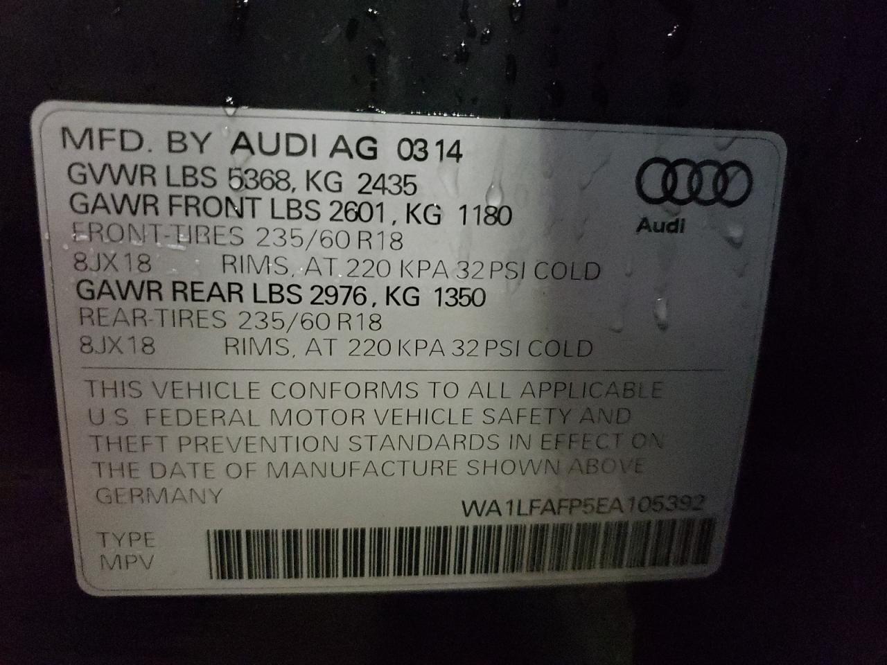 Photo 10 from auction – 2014 AUDI Q5 PREMIUM with VIN WA1LFAFP5EA105392