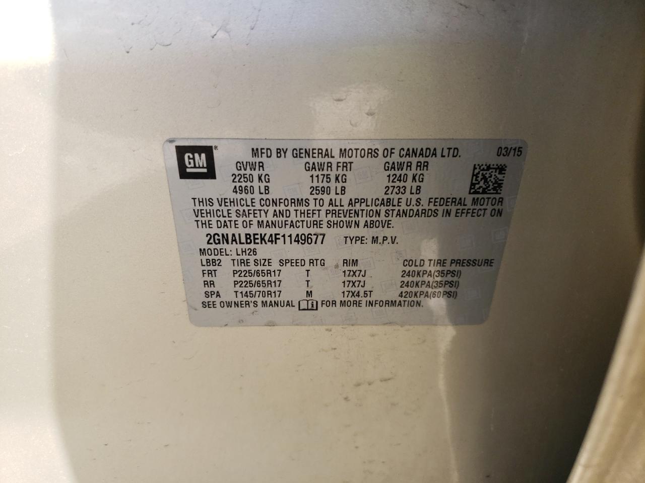 Photo 10 from auction – 2015 CHEVROLET EQUINOX LT with VIN 2GNALBEK4F1149677