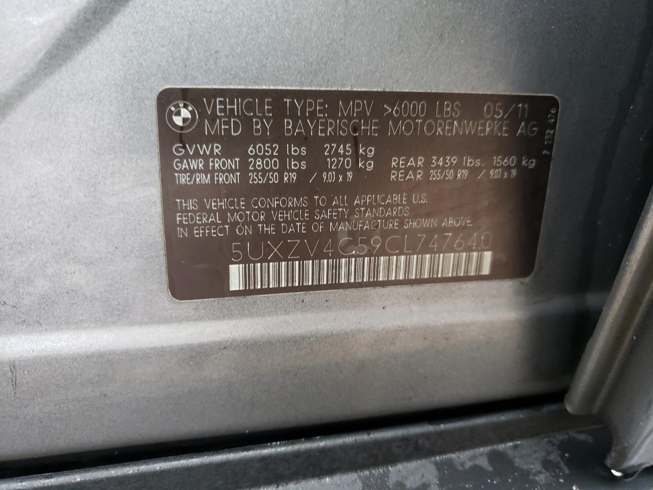 Photo 10 from auction – 2012 BMW X5 XDRIVE3 with VIN 5UXZV4C59CL747640
