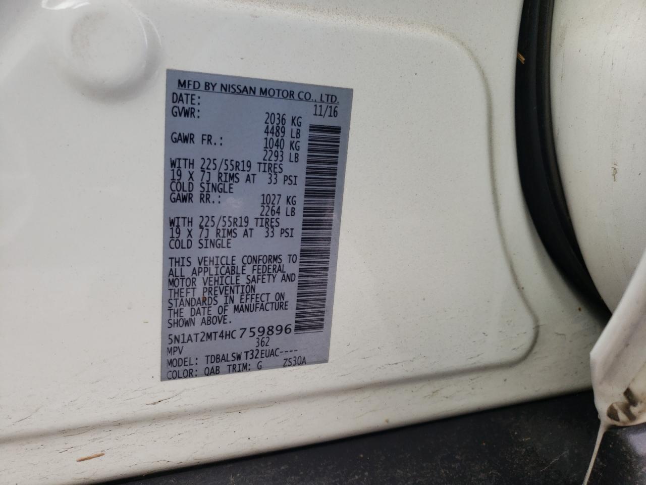 Photo 10 from auction – 2017 NISSAN ROGUE S with VIN 5N1AT2MT4HC759896
