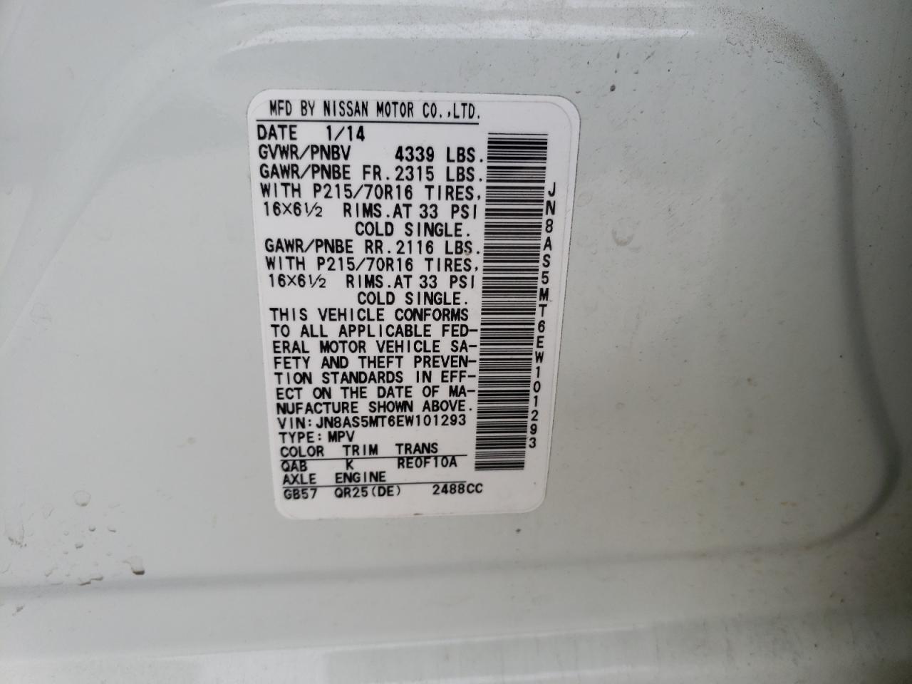 Photo 10 from auction – 2014 NISSAN ROGUE SELE with VIN JN8AS5MT6EW101293