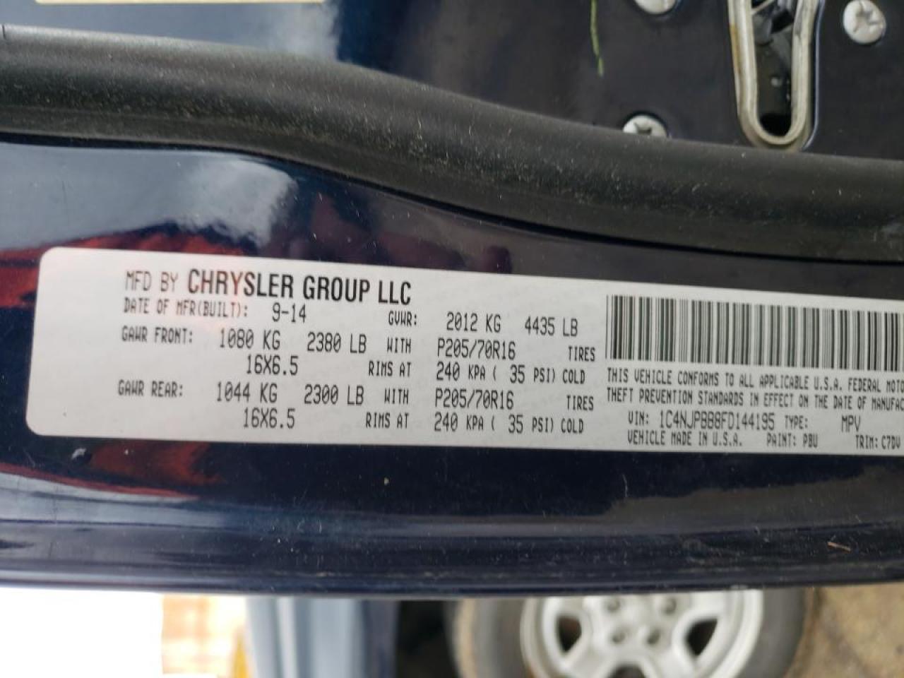Photo 10 from auction – 2015 JEEP PATRIOT SP with VIN 1C4NJPBB8FD144195