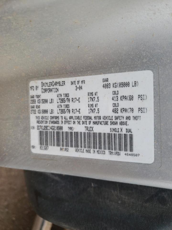 Photo 10 from auction – 2004 DODGE RAM 2500 S with VIN 3D7KU28C14G210900