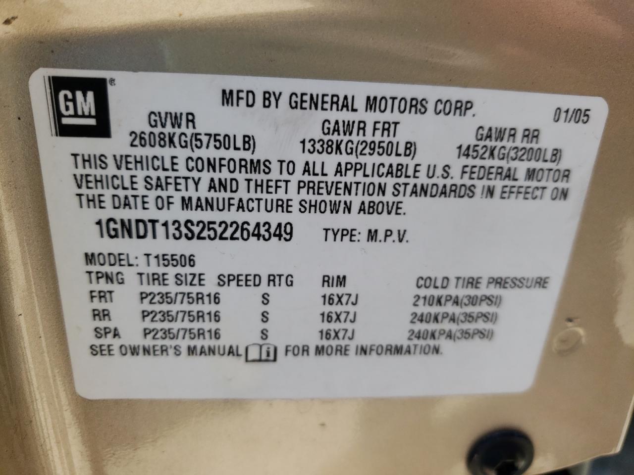 Photo 10 from auction – 2005 CHEVROLET TRAILBLAZE with VIN 1GNDT13S252264349