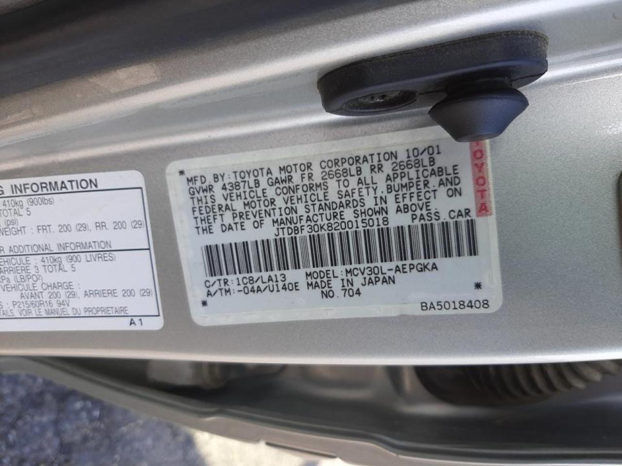 Photo 10 from auction – 2002 TOYOTA CAMRY 4D 2 with VIN JTDBF30K820015018