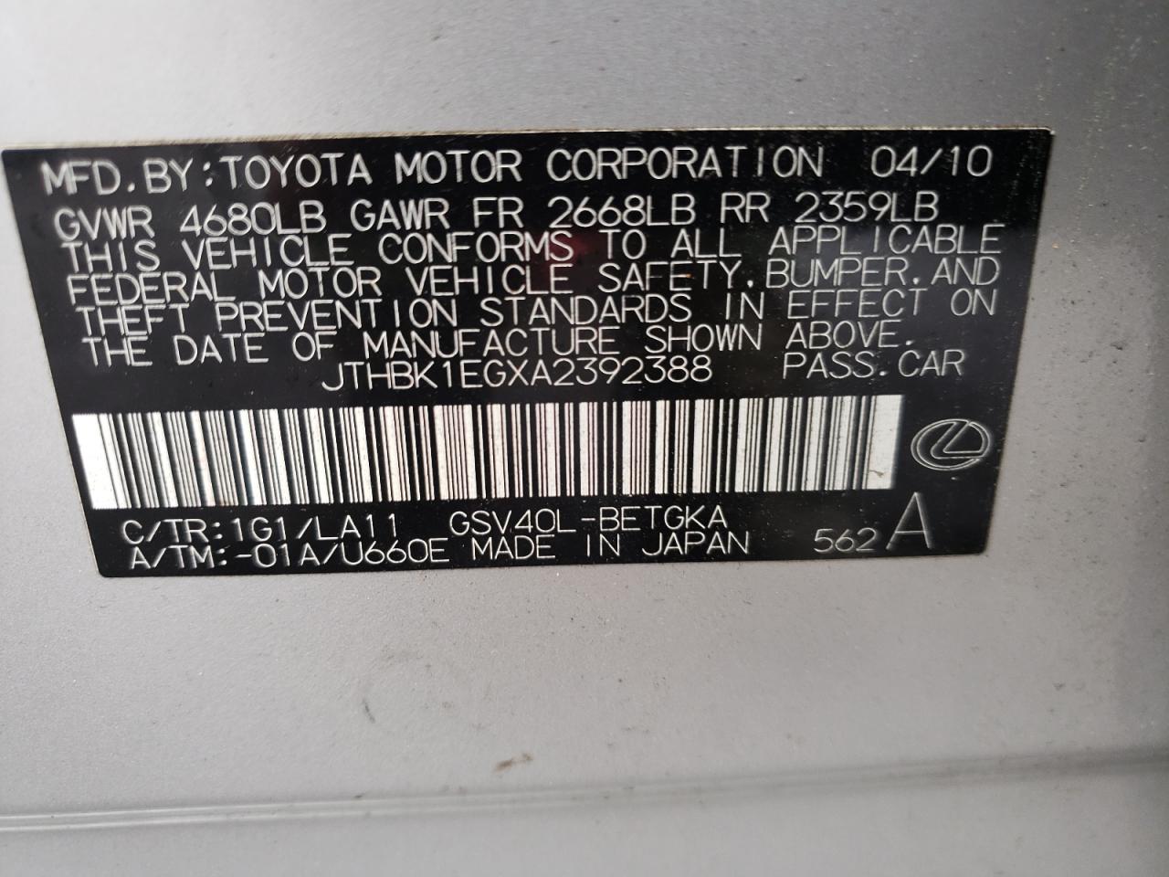 Photo 10 from auction – 2010 LEXUS ES 350 with VIN JTHBK1EGXA2392388