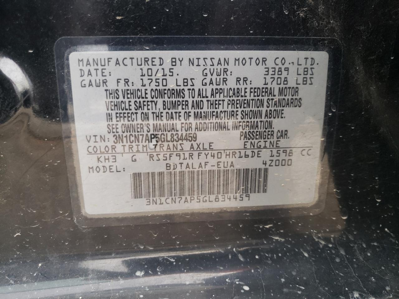 Photo 10 from auction – 2016 NISSAN VERSA S with VIN 3N1CN7AP5GL834459