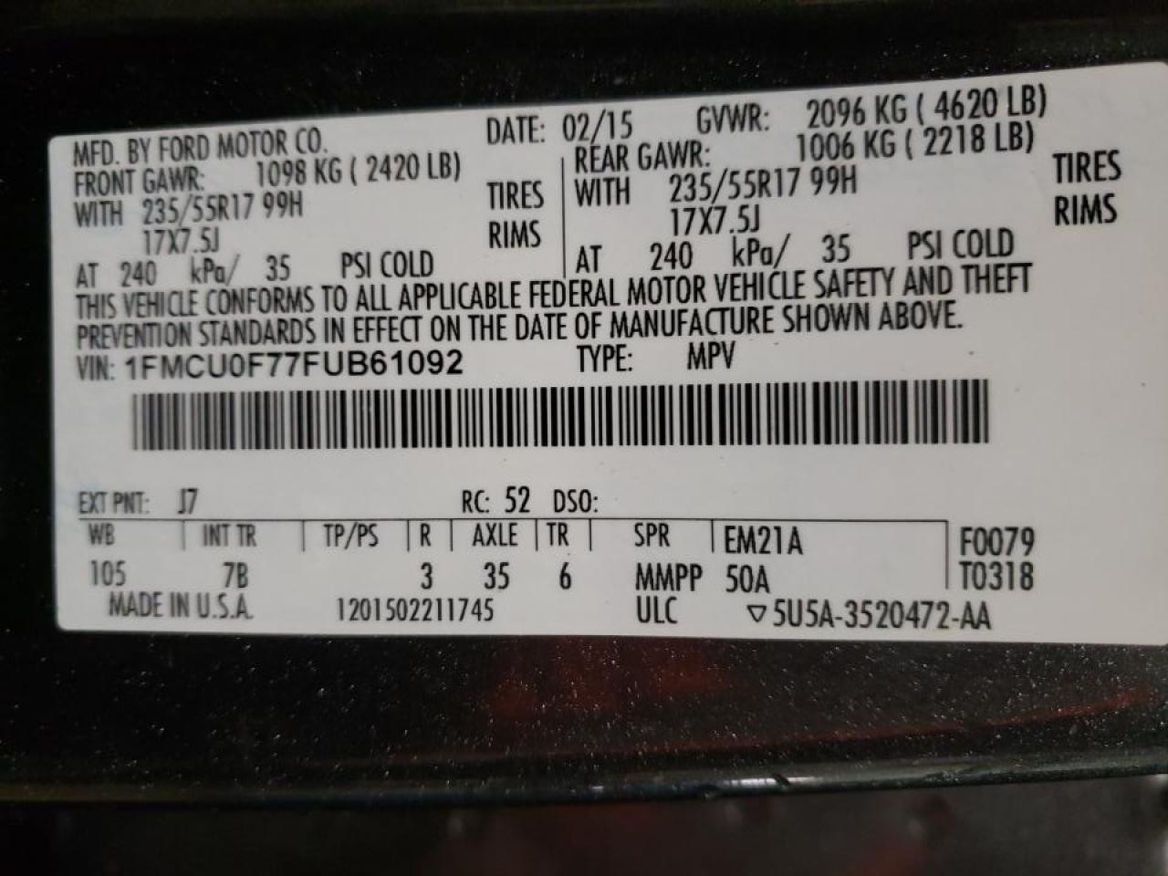 Photo 10 from auction – 2015 FORD ESCAPE S with VIN 1FMCU0F77FUB61092
