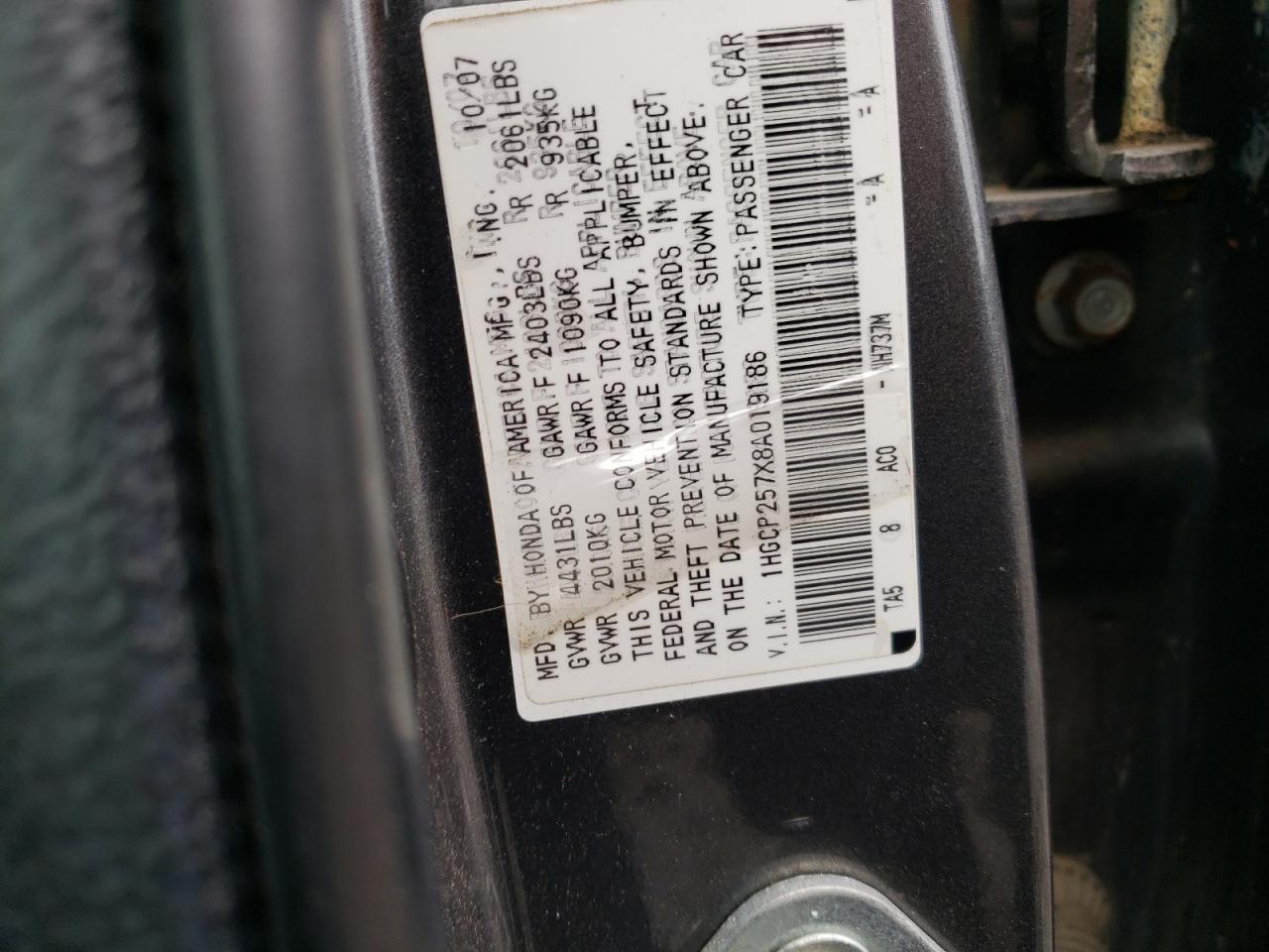 Photo 10 from auction – 2008 HONDA ACCORD EX with VIN 1HGCP257X8A019186