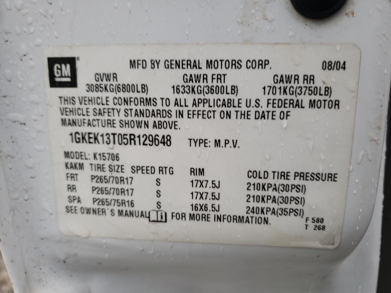 Photo 10 from auction – 2005 GMC YUKON with VIN 1GKEK13T05R129648