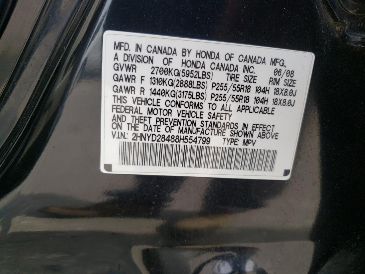 Photo 10 from auction – 2008 ACURA MDX TECHNO with VIN 2HNYD28488H554799