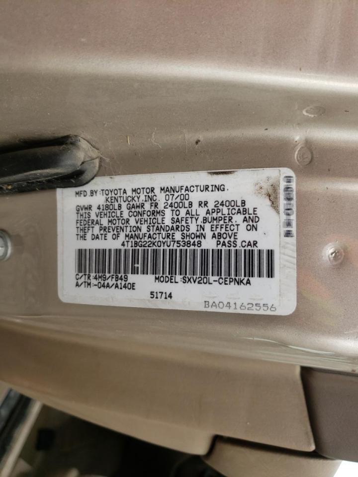 Photo 10 from auction – 2000 TOYOTA CAMRY CE with VIN 4T1BG22K0YU753848